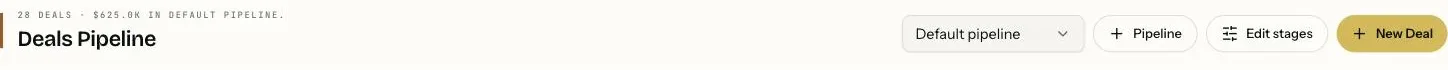 The pipeline toolbar: a pipeline selector reading Default pipeline, a button to add a pipeline, a button to edit stages, and a New Deal button.