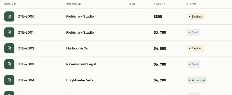 The quotes list: quote number, customer, items, amount and a status of Expired, Sent or Accepted for each row.